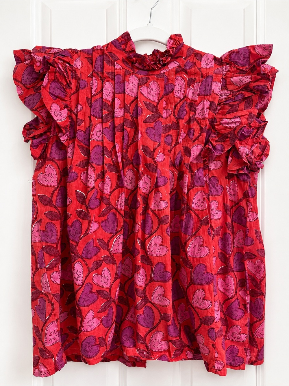 Victoria Dunn XS Pink Red Ruffle Sleeve Blouse NWOT High Neck Floral Print Top
